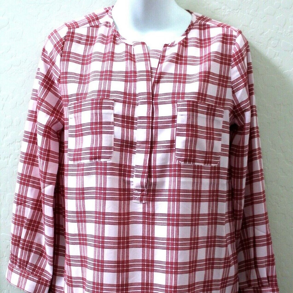 Joie Plaid Long Sleeve Hi-Lo Henley Top Size XS Pink